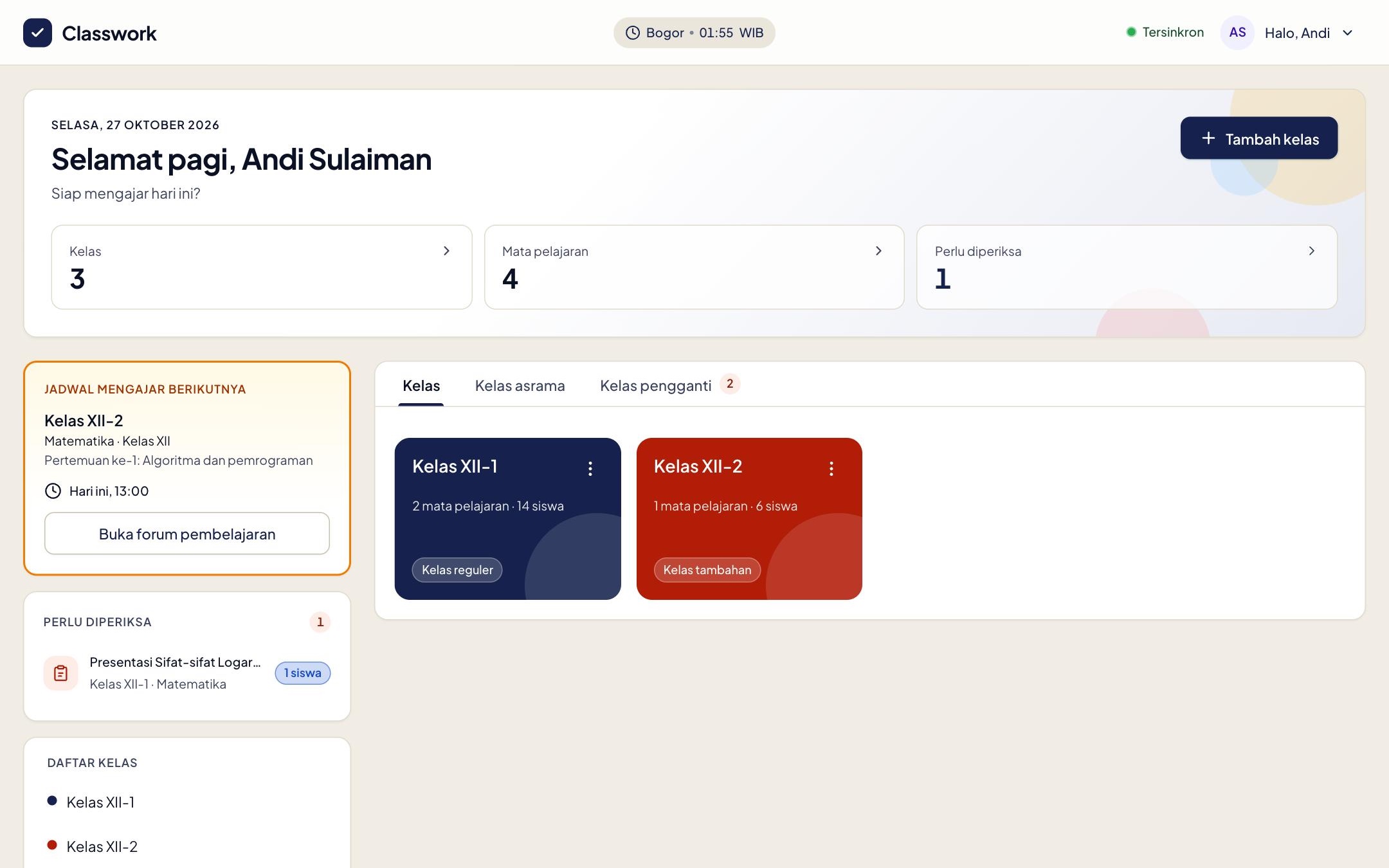 Beranda guru dengan jadwal mengajar berikutnya