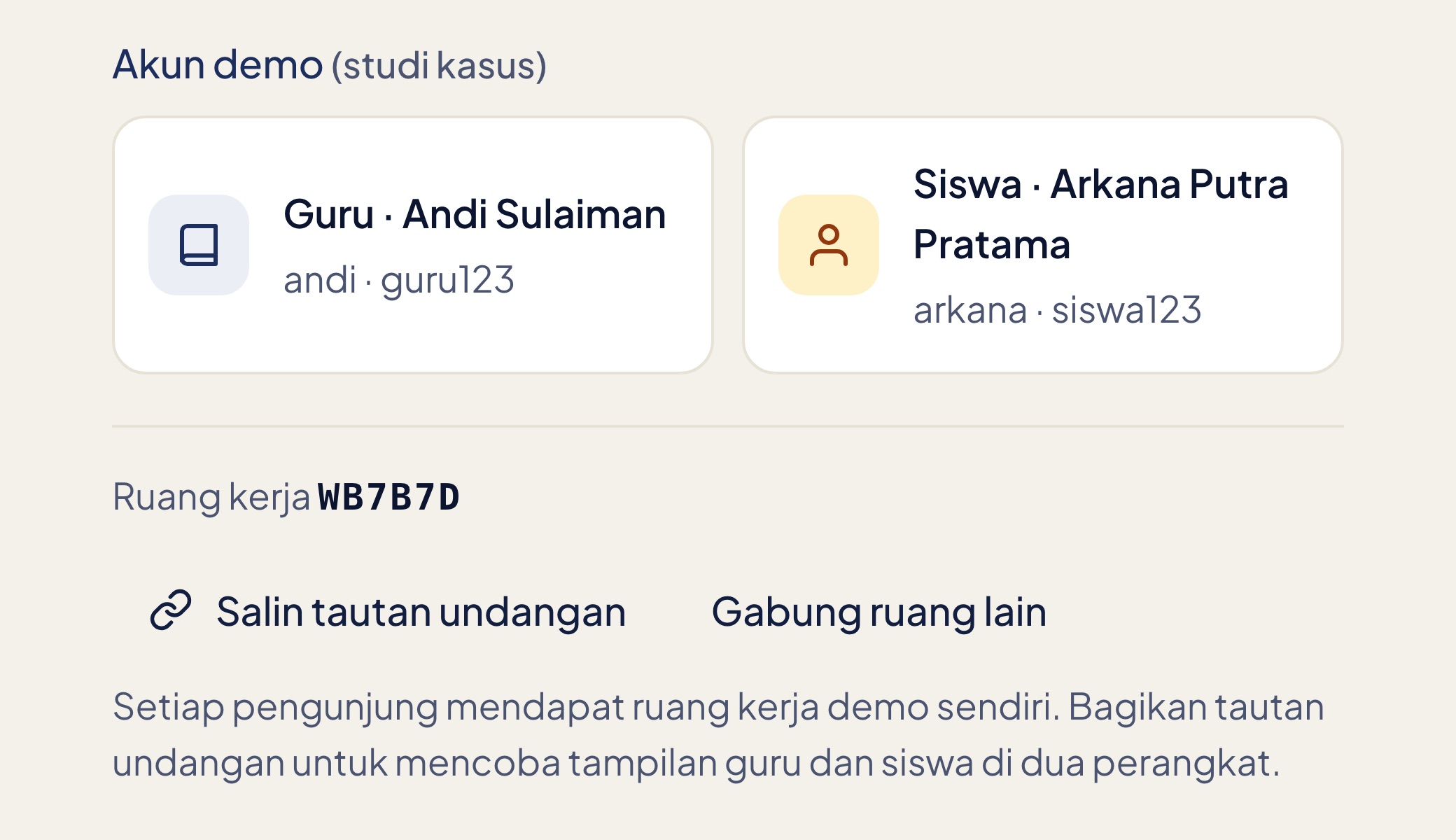 Akun demo dan tautan undangan ruang kerja