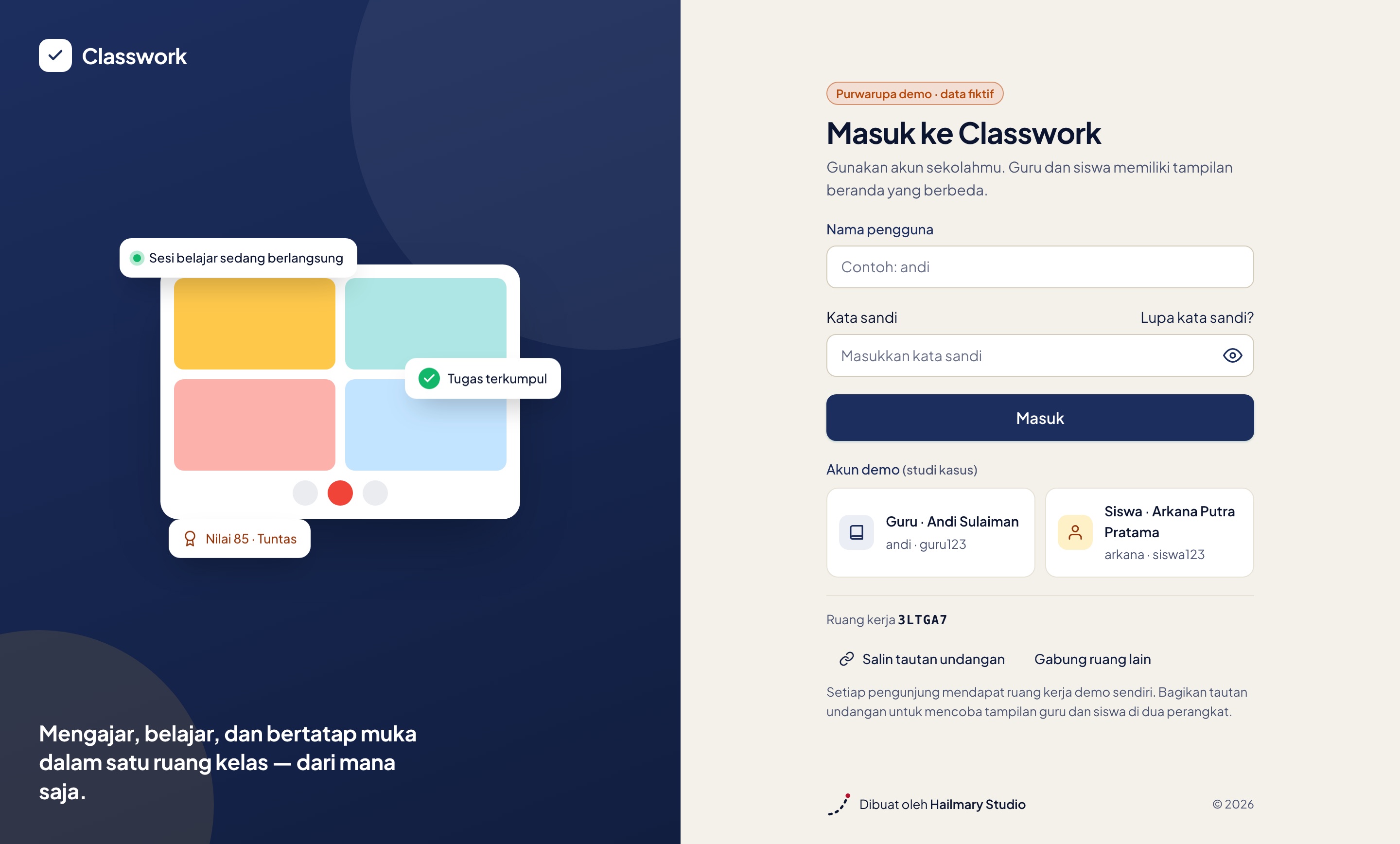Antarmuka halaman masuk platform ruang kelas daring Classwork dengan akun guru dan siswa