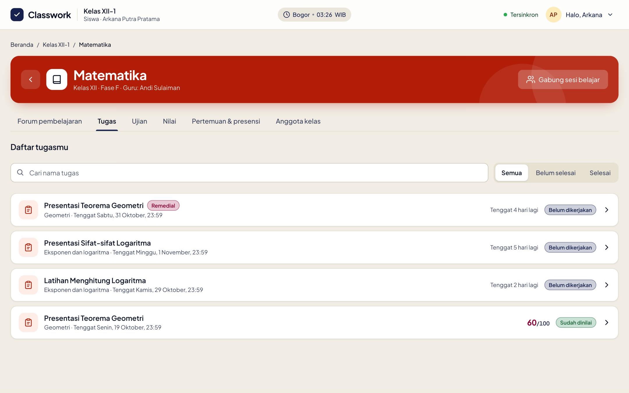 Daftar tugas dengan label status
