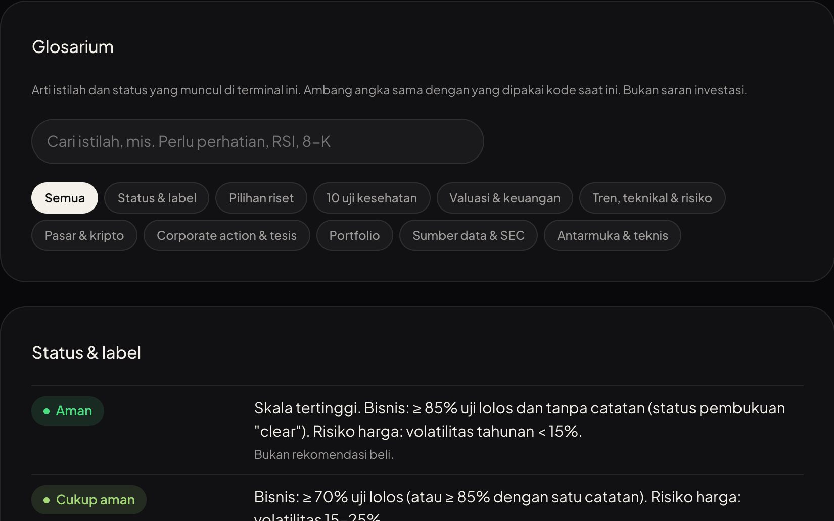 Halaman Glosarium dengan label status